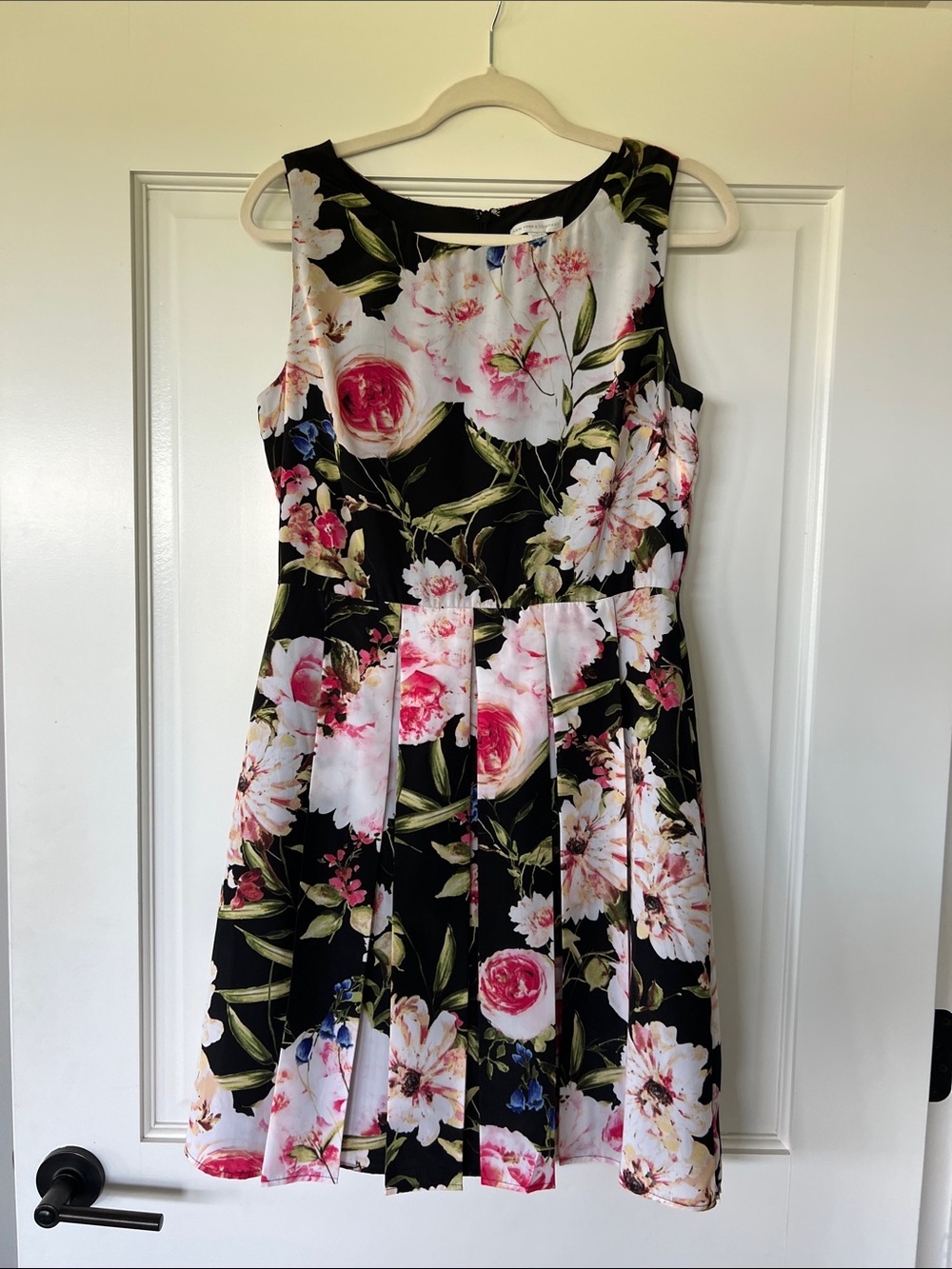 New York & Company Black Floral Midi Dress with Pink and White Blooms